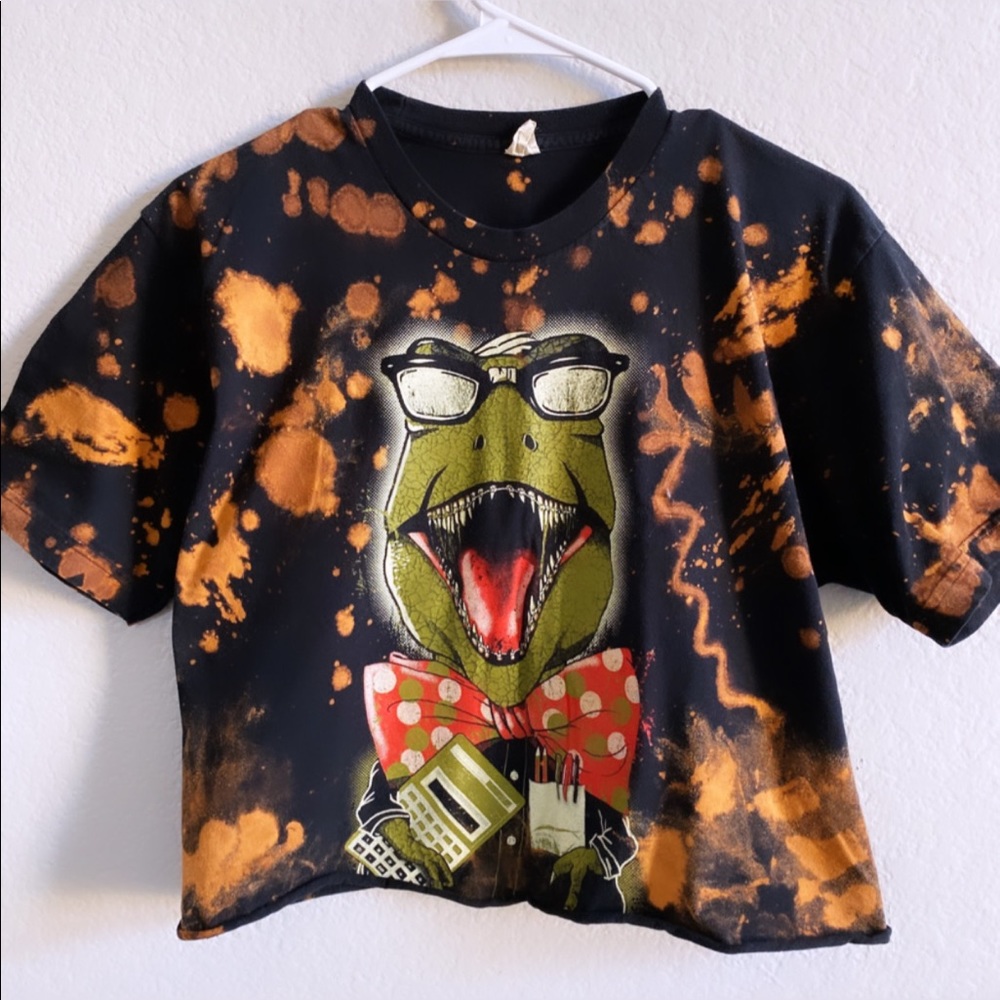 Geek Nerd T-Rex Bleached Graphic T-Shirt Cropped - image 3